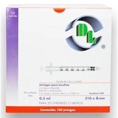 JERINGA DL PARA INSULINA 0.3 ml 31Gx6mm (CAJA CON 100 JERINGAS)