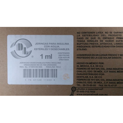 JERINGA DL PARA INSULINA 1 ml 27Gx13mm (CAJA CON 200 JERINGAS)